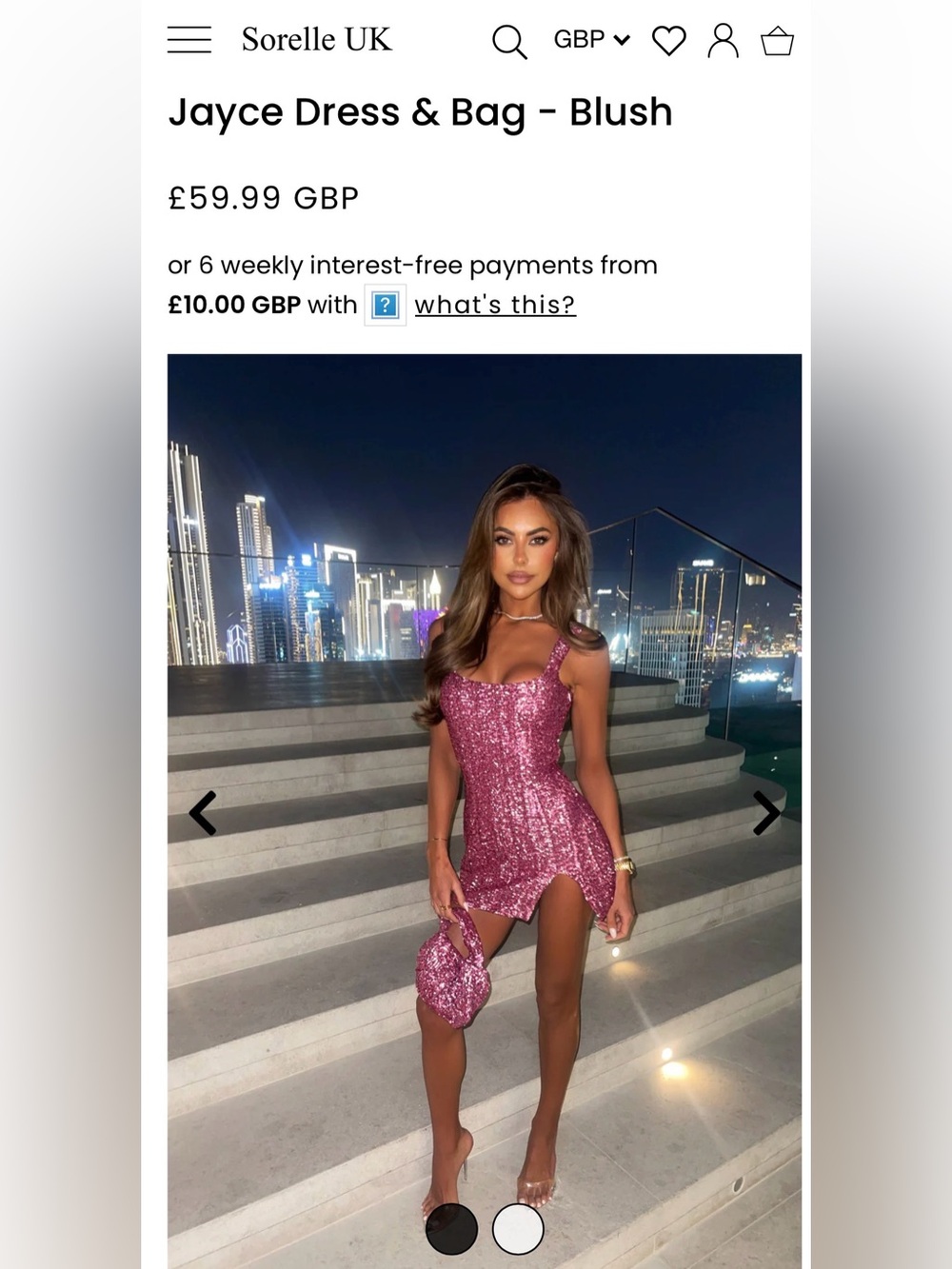 Pink sequin mini dress and matching purse